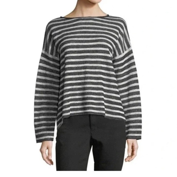 Eileen Fisher Sweaters - Eileen Fisher Organic Linen Cotton Sweater Size *L Black Striped Back Closure